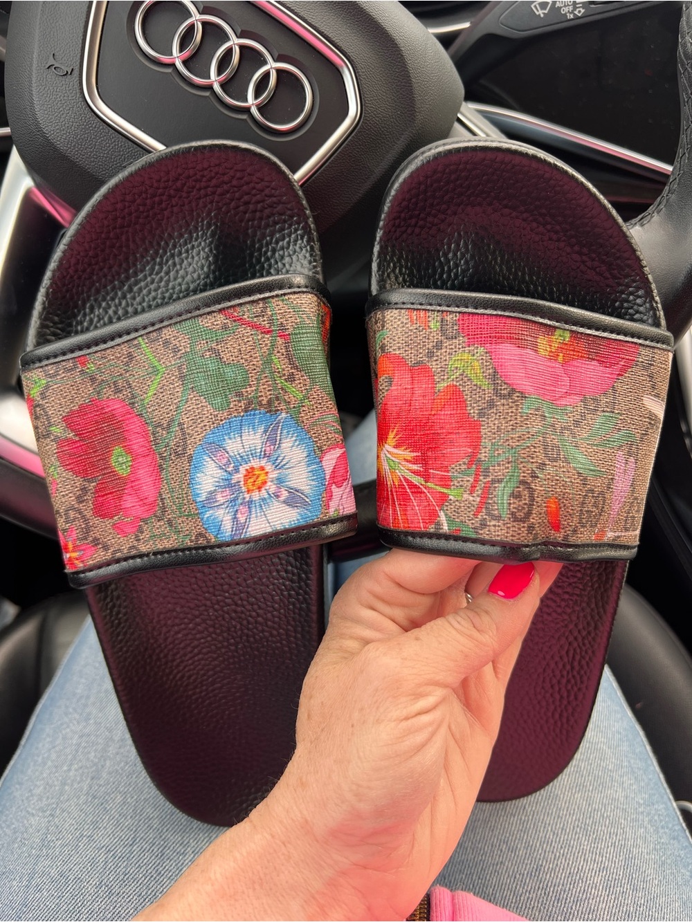 NEW Black Slide Sandals with Floral Design Size 37